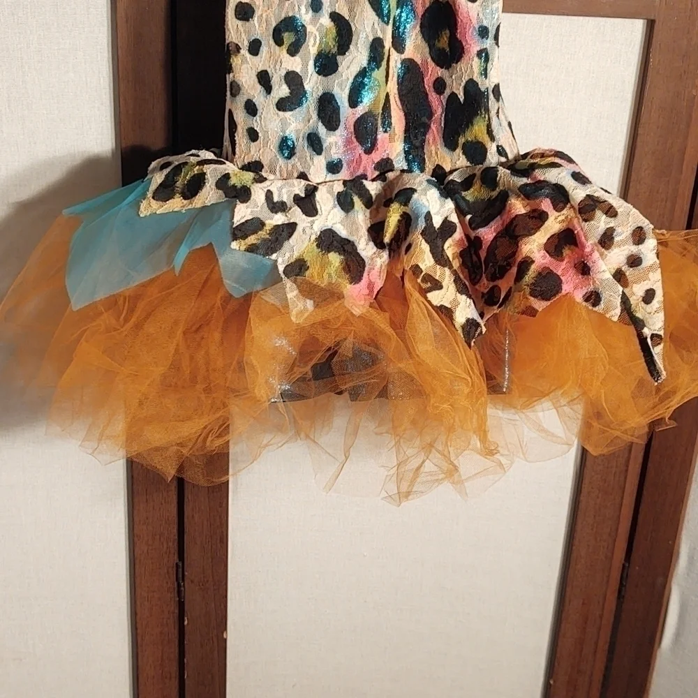 Sparkly Multicolor Leopard Print Tutu with Feather Trim at the Neck